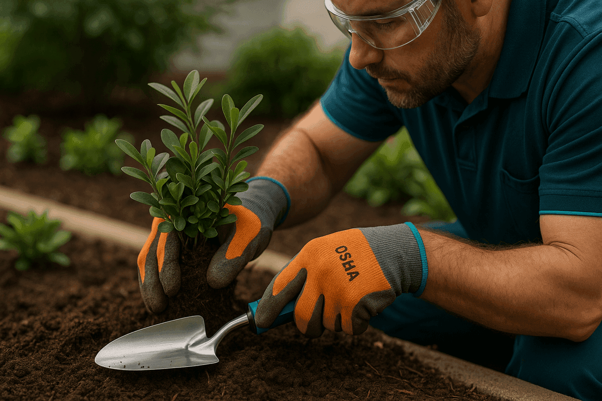 Close-up of gloved hands planting shrub with trowel in residential garden bed