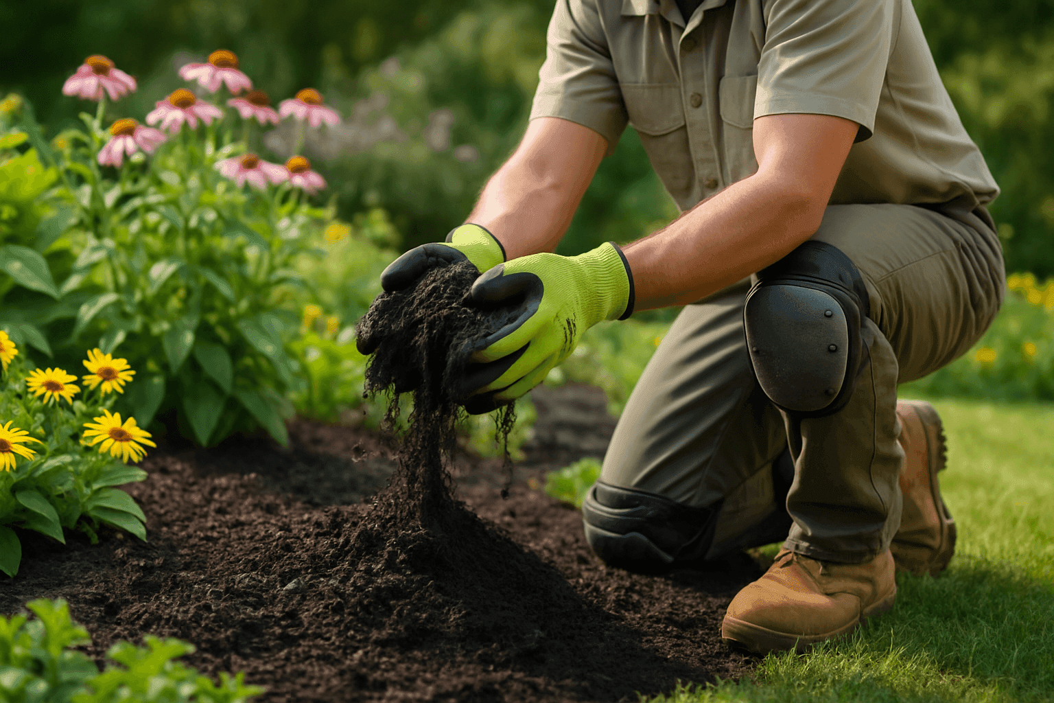 Gardener mulching a well-maintained flower bed with fresh soil